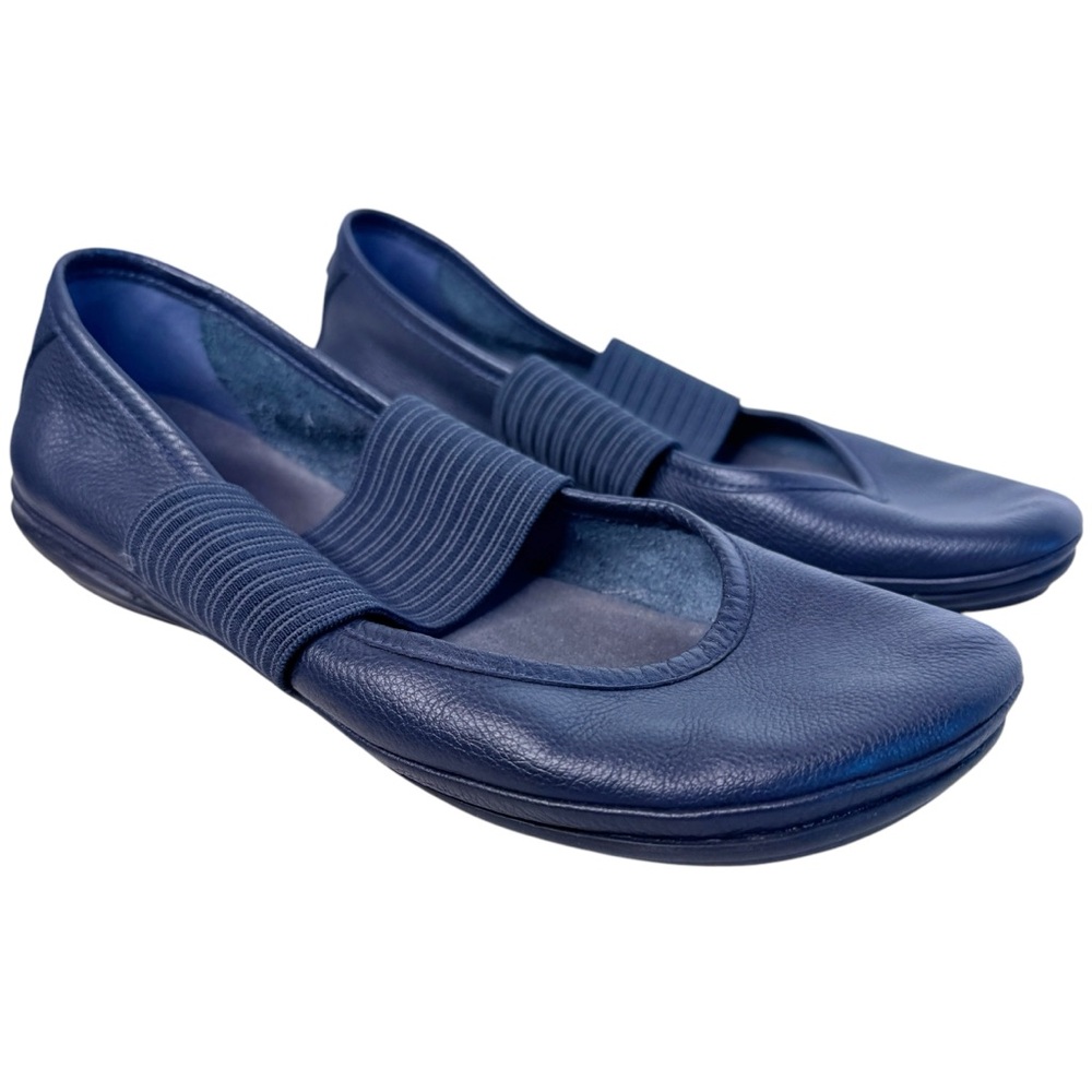 Camper Navy Blue Elastic Strap Leather Flats
